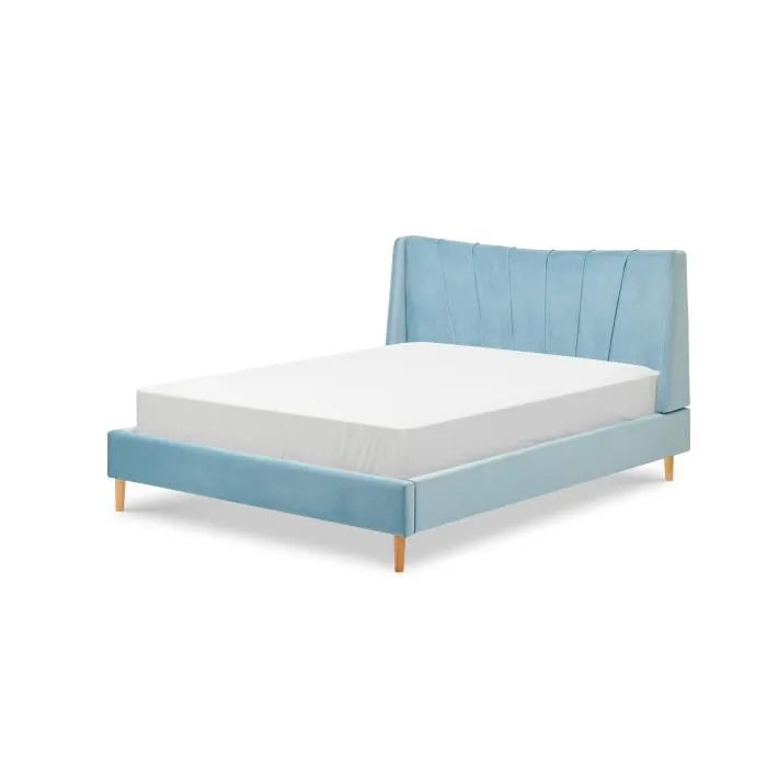 Lit adulte 140x190 cm effet velours - Homing - Luna bleu gris - avec sommier